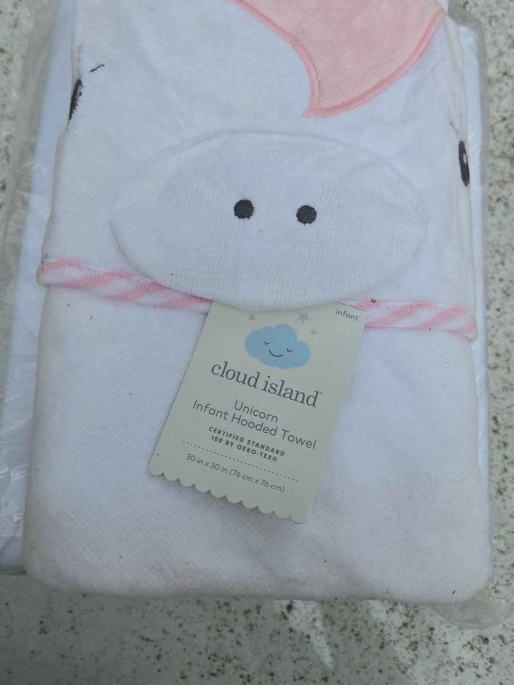 cloud island White Hooded Infant Towel with Pink and Gold Unicorn